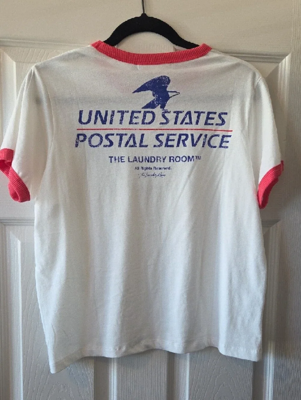 The Laundry Room White Tee with Pink/Red Ringer Trim and Blue Postal Graphic - Picture 2 of 3